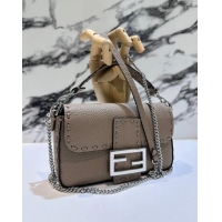 Top Quality Fendi Baguette Mini Selleria bag with topstitches in Grained Calfskin 8610S Dove Grey 2024