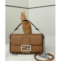 Top Quality Fendi Baguette Mini Selleria bag with topstitches in Grained Calfskin 8610S Dark Beige 2024