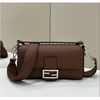 Top Grade Fendi Regular Selleria Baguette bag with topstitches in Grained Calfskin 8610M Dark Brown 2024