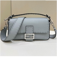 Reasonable Price Fendi Regular Selleria Baguette bag with topstitches in Grained Calfskin 8610M Light Blue 2024