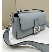 Reasonable Price Fendi Regular Selleria Baguette bag with topstitches in Grained Calfskin 8610M Light Blue 2024