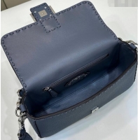 Top Design Fendi Regular Selleria Baguette bag with topstitches in Grained Calfskin 8610M Grey Blue 2024