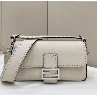 Famous Brand Fendi Regular Selleria Baguette bag with topstitches in Grained Calfskin 8610M White/Silver 2024