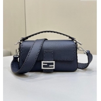 Grade Design Fendi Regular Selleria Baguette bag with topstitches in Grained Calfskin 8610M Midnight Blue 2024