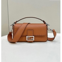 Market Sells Fendi Regular Selleria Baguette bag with topstitches in Grained Calfskin 8610M Caramel Brown 2024