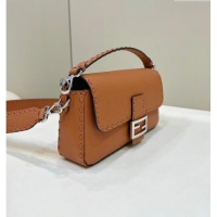 Market Sells Fendi Regular Selleria Baguette bag with topstitches in Grained Calfskin 8610M Caramel Brown 2024