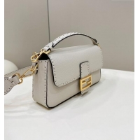 Market Sells Fendi Regular Selleria Baguette bag with topstitches in Grained Calfskin 8610M White/Gold 2024