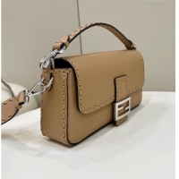 Top Design Fendi Regular Selleria Baguette bag with topstitches in Grained Calfskin 8610M Dark Beige 2024