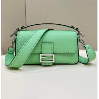 Best Price Fendi Regular Selleria Baguette bag with topstitches in Grained Calfskin 8610M Light Green 2024