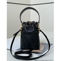 Top Design Fendi Mon Tresor Mini Bucket Bag in FF Leather FF020 Black 2024