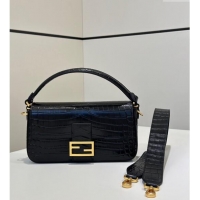 Best Grade Fendi Baguette Medium Bag in Crocodile Embossed Leather 8628 Black 2024