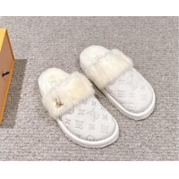 Duplicate Louis Vuitton Suede and Mink Fur Flat Slippers White 1014110