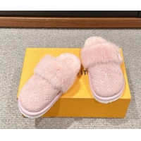 Sophisticated Louis Vuitton Suede and Mink Fur Flat Slippers Light Pink 1014111