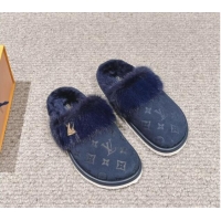 Perfect Louis Vuitton Suede and Mink Fur Flat Slippers Dark Blue 1014113