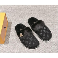 Popular Style Louis Vuitton Suede and Mink Fur Flat Slippers Black 1014115