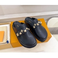 Best Grade Louis Vuitton LV Cosy Flat Comfort Clog Mules in Black Leather with Logo Band 1015007