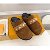 Low Price Louis Vuitton LV Cosy Flat Comfort Clog Mules in Suede with Logo Band Brown 1015008