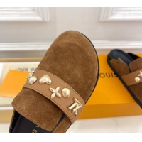 Low Price Louis Vuitton LV Cosy Flat Comfort Clog Mules in Suede with Logo Band Brown 1015008