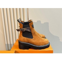 Low Price Louis Vuitton LV Beaubourg Ankle Boots 4cm in Suede with Buckle Yellow 1015033