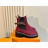 Stylish Louis Vuitton LV Beaubourg Ankle Boots 4cm in Suede with Buckle Purple 1015036