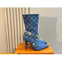 Hot Style Louis Vuitton Blue Denim Ankle Boots with Studs Buckle 1015037