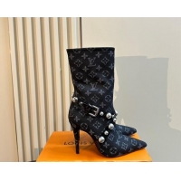 Stylish Louis Vuitton Black Denim Ankle Boots with Studs Buckle Black 1015039