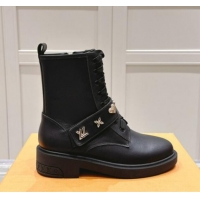 Luxury Louis Vuitton Citizen Flat Ranger Ankle Boots with Logo Strap in Black Calf Leather 1015043