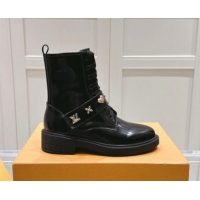 Grade Quality Louis Vuitton Citizen Flat Ranger Ankle Boots with Logo Strap in Black Glazed Leather 1015045