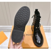 Grade Quality Louis Vuitton Citizen Flat Ranger Ankle Boots with Logo Strap in Black Glazed Leather 1015045