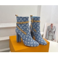 Luxurious Louis Vuitton Silhouette Ankle Boots 10cm with Buckle Strap in Monogram Canvas Blue 1015056