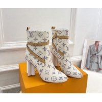 Luxury Cheap Louis Vuitton Silhouette Ankle Boots 10cm with Buckle Strap in Monogram Canvas White 1015057