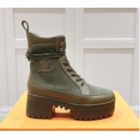 Top Design Louis Vuitton Laureate Platform Desert Ankle Boots 7cm in Canvas and Leather Khaki Green 1015064