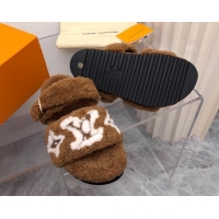 Buy Luxury Louis Vuitton Wool Fur Flat Slides Sandal with Buckle Brown 1015066