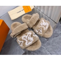 Shop Cheap Louis Vuitton Wool Fur Flat Slides Sandal with Buckle Beige 1015067