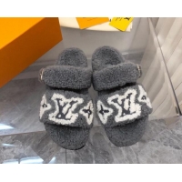 Good Quality Louis Vuitton Wool Fur Flat Slides Sandal with Buckle Grey 1015068