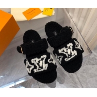 Grade Quality Louis Vuitton Wool Fur Flat Slides Sandal with Buckle Black 1015069