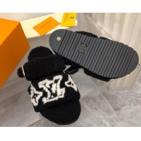 Grade Quality Louis Vuitton Wool Fur Flat Slides Sandal with Buckle Black 1015069