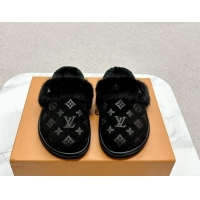 Classic Hot Louis Vuitton LV Cosy Flat Comfort Mules in Suede and Wool Black 1114058