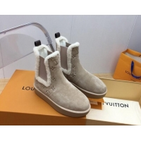 Fashion Louis Vuitton Aspen Chelsea Ankle Boots in Monogram Suede and Shearling Wool 1ADC7D Beige 1114074