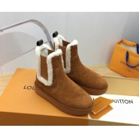 Buy Luxury Louis Vuitton Aspen Chelsea Ankle Boots in Monogram Suede and Shearling Wool 1ADC7D Brown 1114075