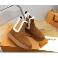 Buy Luxury Louis Vuitton Aspen Chelsea Ankle Boots in Monogram Suede and Shearling Wool 1ADC7D Brown 1114075