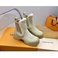 Grade Quality Louis Vuitton Ruby Flat Ankle Boots in Suede and Shearling Wool Beige 1114080