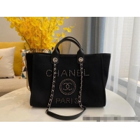 New Stylish Chanel Deauville Mixed Fibers & Calfskin Large Shopping Bag with Studs A66941 Black 2024 TOP