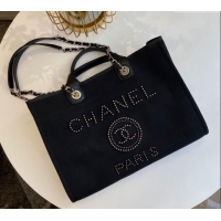 New Stylish Chanel Deauville Mixed Fibers & Calfskin Large Shopping Bag with Studs A66941 Black 2024 TOP