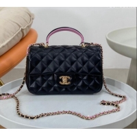 Luxury Classic Chanel Lambskin Mini Flap Bag with Top Handle AS2431 Black/Purple 2024