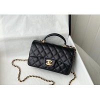 Refined Chanel Grained Calfskin Mini Flap Bag with Chain Top Handle AS2431 Black 2024