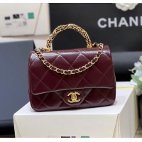 Spot Chanel 24B Lambskin Mini Flap Bag with Top Handle AS5032 Burgundy 2024 Top Quality