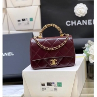 Spot Chanel 24B Lambskin Mini Flap Bag with Top Handle AS5032 Burgundy 2024 Top Quality