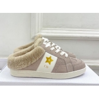 Popular Style Dior Star Open Back Sneakers in White Calfskin and Shearling Wool Grey 1122037