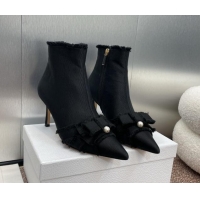 Best Grade Dior Adiorable Heeled Ankle Boots 7cm in Fringed Grosgrain with Pearl Bow Black 1122040